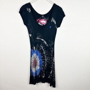 Desigual Black Floral Knee Short Sleeve Dress Artsy Small